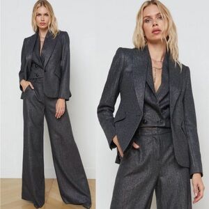 L'AGENCE Metallic Grey Herringbone Chamberlain Blazer and Pilar Wide-Leg Pants